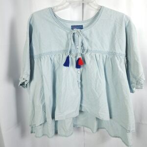 Lucky Brand Blue Cotton Hemp Shredded Chambray Crop Top Women's Large
